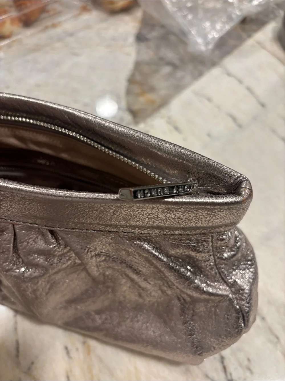 Tory Burch Shimmery Pewter Leather Wristlet Clutch